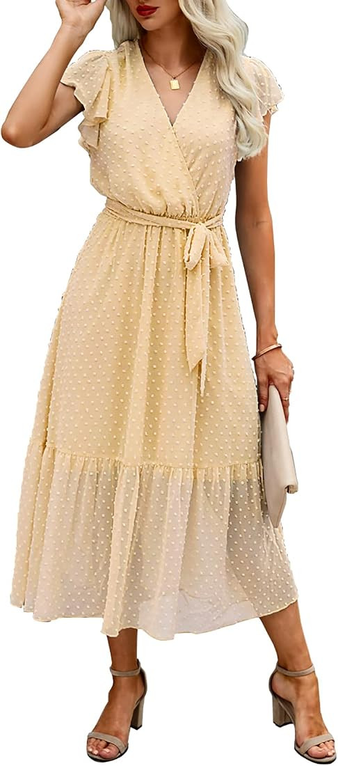 Women Summer Bohemian Floral Casual Wrap V Neck Ruffle Cap Sleeveless Belt A-Line Pleated Hem Swi... | Amazon (US)
