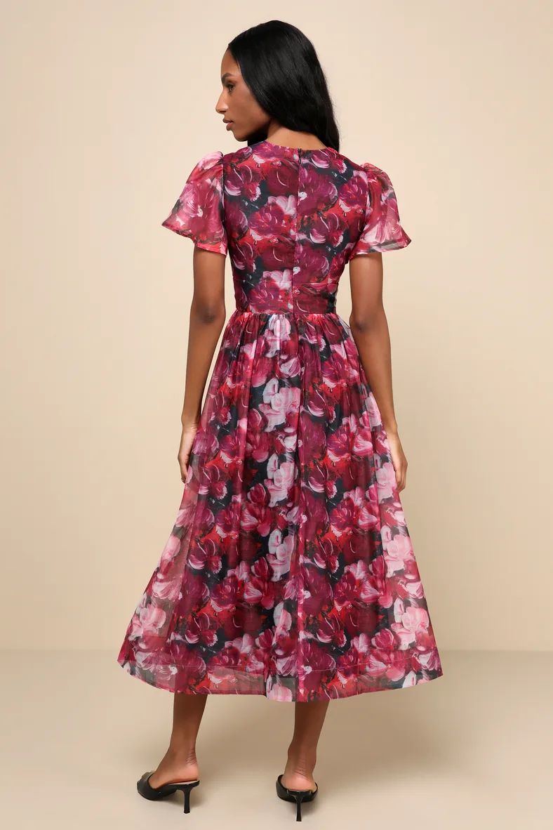 Favorite RSVP Magenta Floral Organza Tie-Front Midi Dress | Lulus