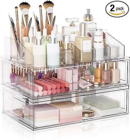 Clear Stackable Makeup Organizer with Drawer, 12''W Acrylic Storage Drawers | Cosmetic Display Ca... | Amazon (US)