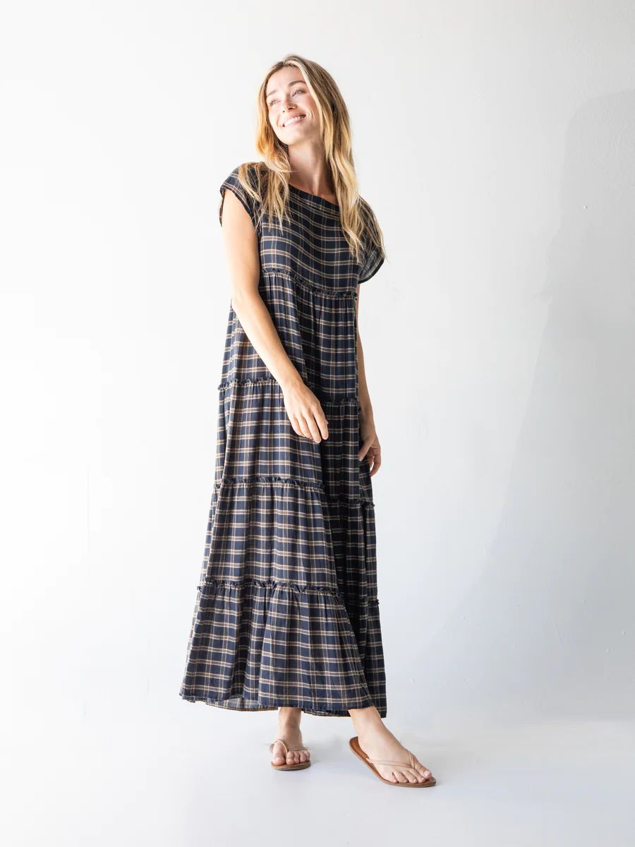 Berkley Maxi Dress - Navy Tan Plaid | Natural Life