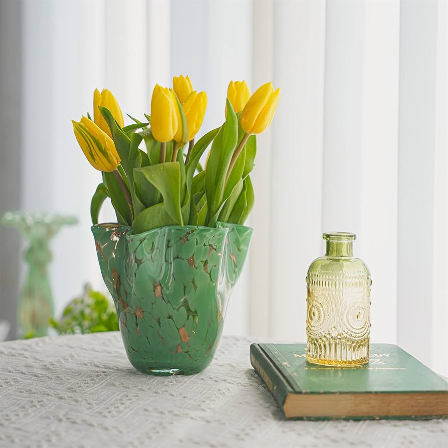 6.9Inch Hand Blown Large Mouth Flower Glass Vases for Centerpieces Modern Art Cyan Glass Vases fo... | Amazon (US)