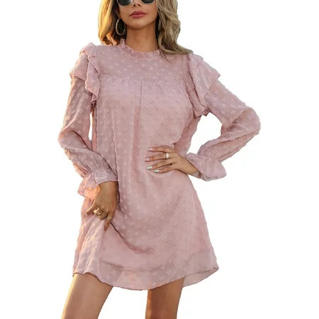 Pink Women s Long Dress with Lantern Sleeves Frill Trim Stand Collar and Ruffle Detail - Pure Color S | Walmart (US)