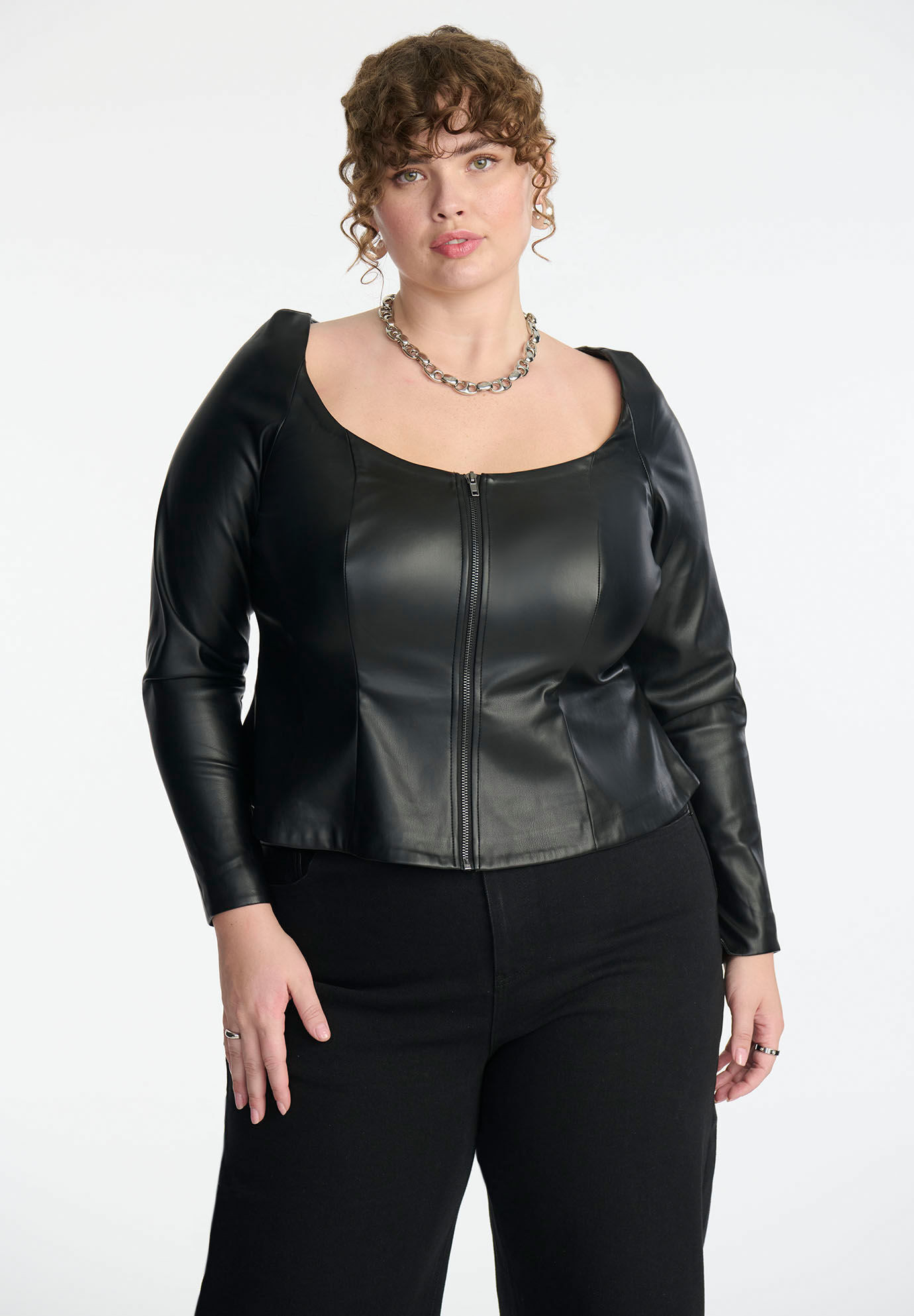 Faux Leather Zipper Peplum Top | Eloquii
