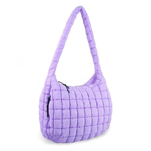 Quilted Puffer Tote Bag for Women,Large Puffer Crossbody Shoulder Lightweight Nylon Hobo Pouch with Zipper,Purse Puffy Quilted Carryall Oversized Padding Handbag for Daily Travel(Purple) | Amazon (US)