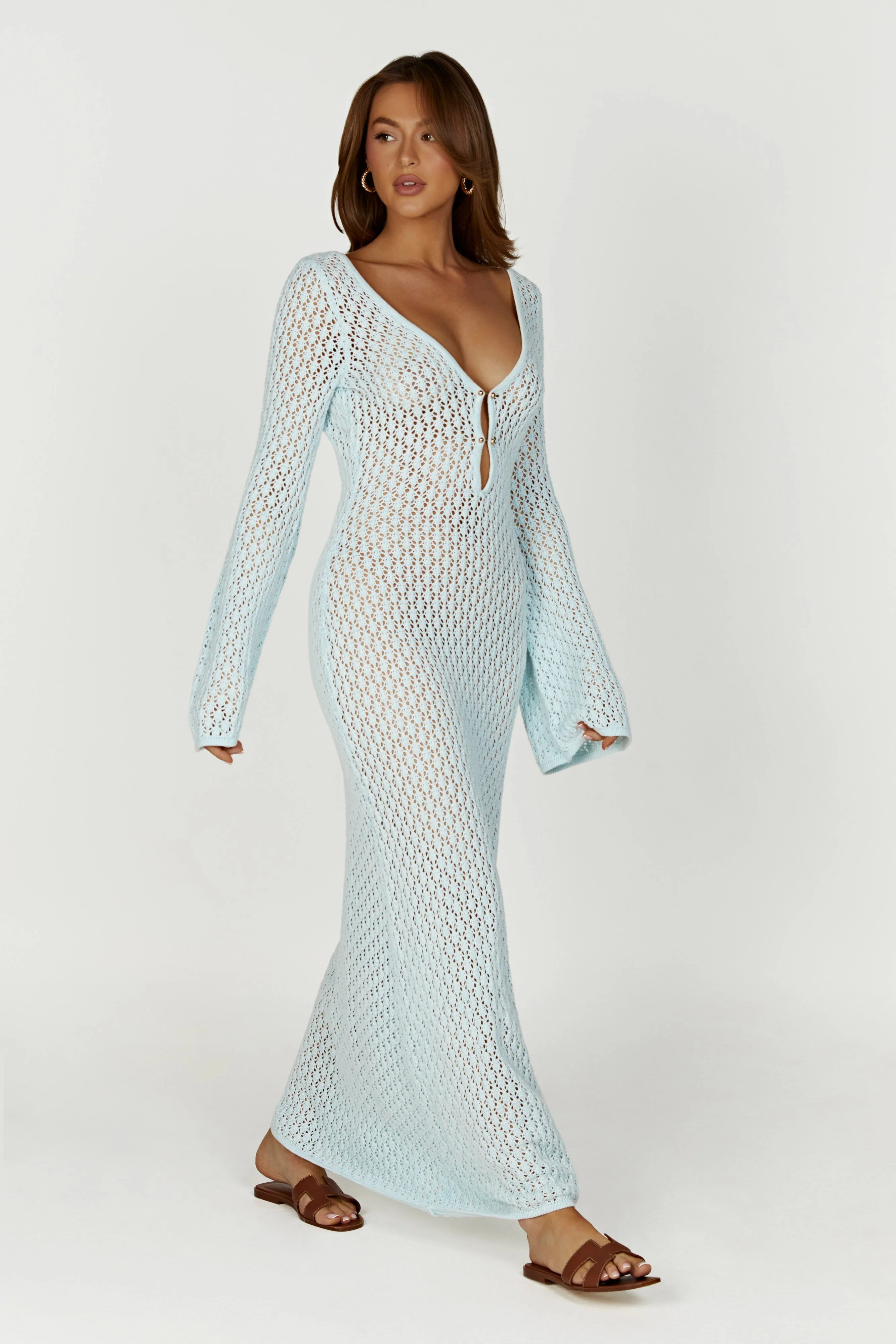 Kayleigh Crochet Fishtail Flare Sleeve Maxi Dress - Arctic Blue | MESHKI US