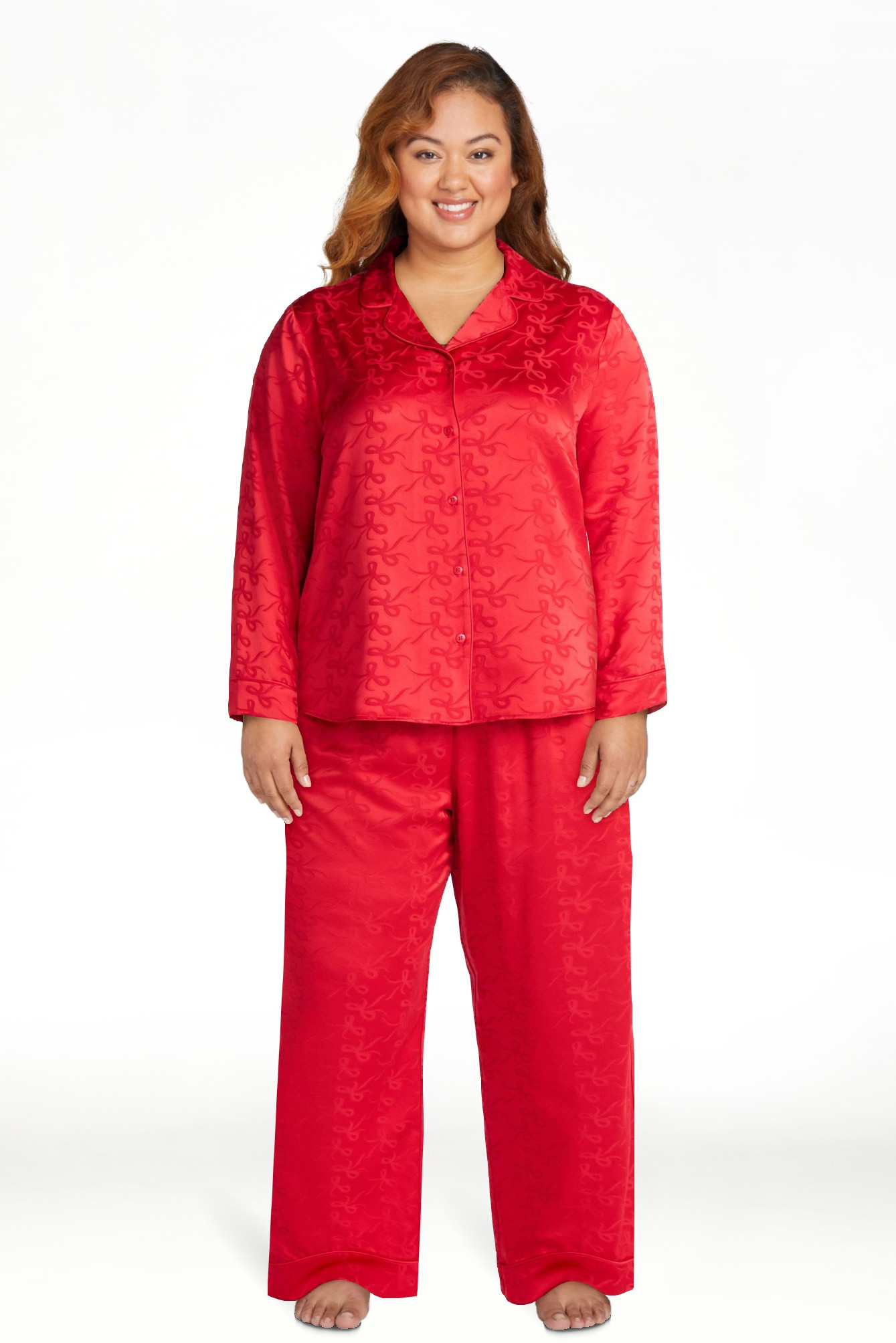 Joyspun Women’s Stretch Satin Notch Long Sleeve Top and Pants Pajama Set, 2-Piece, Sizes XS-3X | Walmart (US)