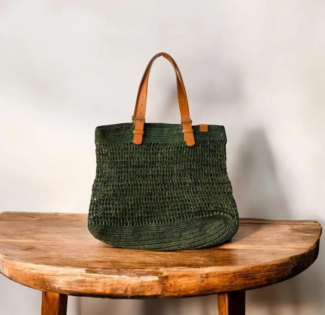 Crochet and Raffia Leather Tote Bag-olive - Etsy | Etsy (US)
