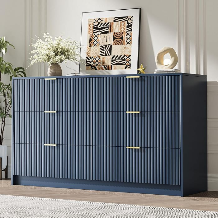6 Drawer Dresser for Bedroom, 55" Wide Modern Chest of Drawers with Gold Metal Handles, Fluted Wo... | Amazon (US)