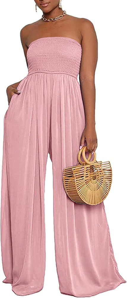 Ophestin Women Casual Solid Off Shoulder Smocked Drawstring Wide Leg Pants One Piece Jumpsuits Ro... | Amazon (US)