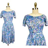 Vintage 1950S Purple Floral Dress - Blue Full Skirt Summer Short Sleeve Waist 26 | Etsy (US)