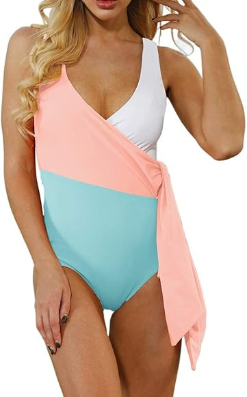 CHYRII Women's One Piece Swimsuit Color Block Wrap V Neck Tie Knot Bathing Suit | Amazon (US)