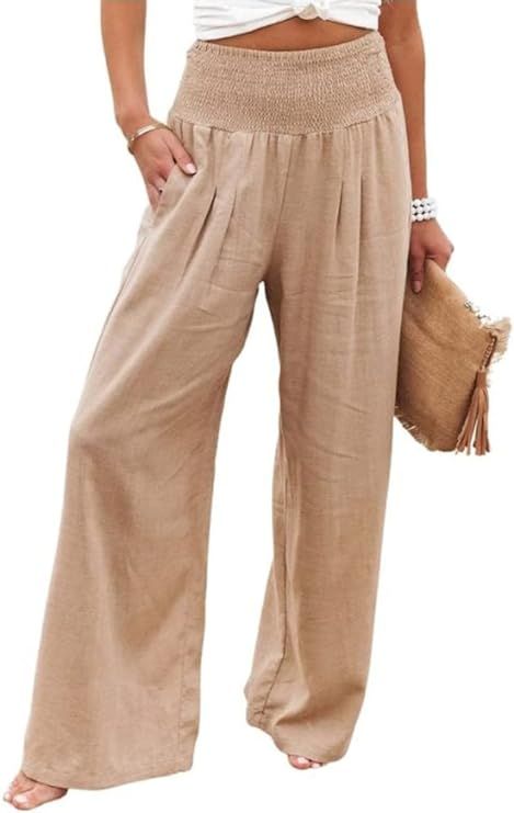 utcoco Womens Wide Leg Linen Palazzo Pants Casual Elastic Waisted Loose Fit Trousers | Amazon (US)