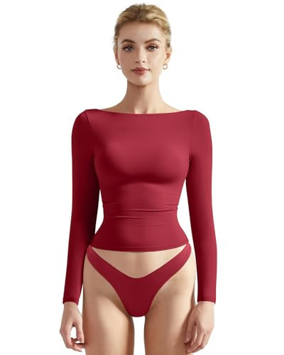 SUUKSESS Women Crew Neck Long Sleeve T Shirts Double Lined Tight Fitted Crop Top (Wine Red,S) | Amazon (US)