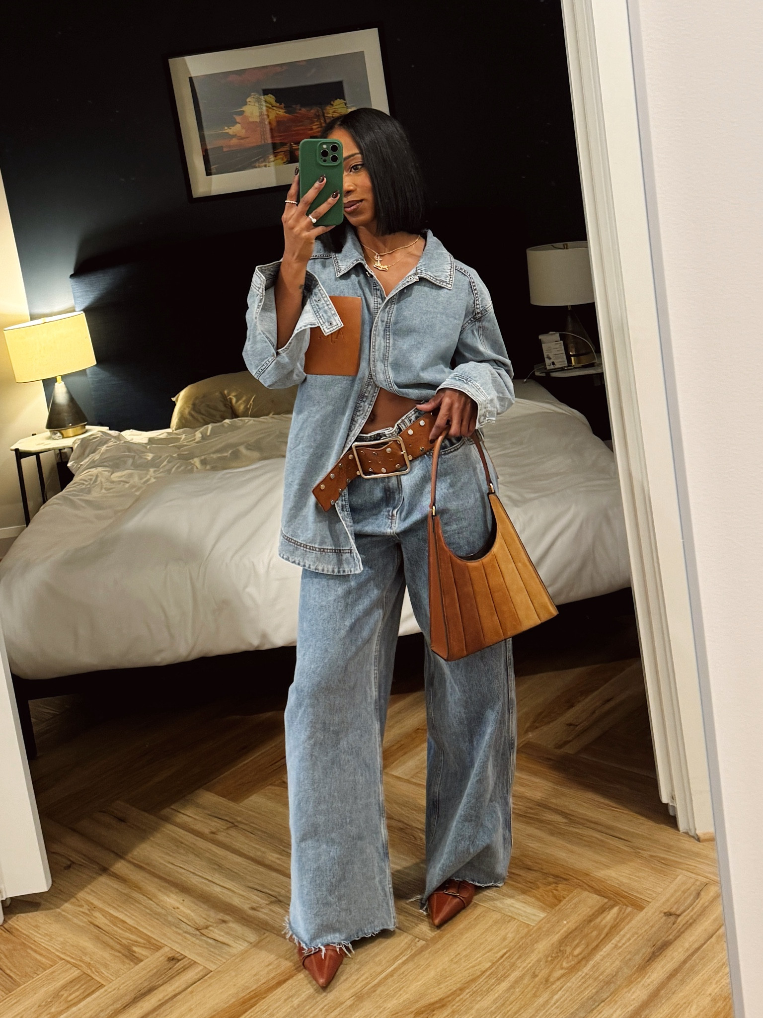 Meg’s all denim look for day 2 of LTK CON 🤎 Oversized denim shirt and wide leg pants with Aje leather patch  

#LTKCon #LTKStyleTip