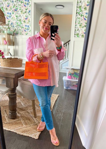Pink stripe button down shirt Walmart kelly tote casual outfit idea skinny jeans mother denim 



#LTKstyletip #LTKSeasonal #LTKfit