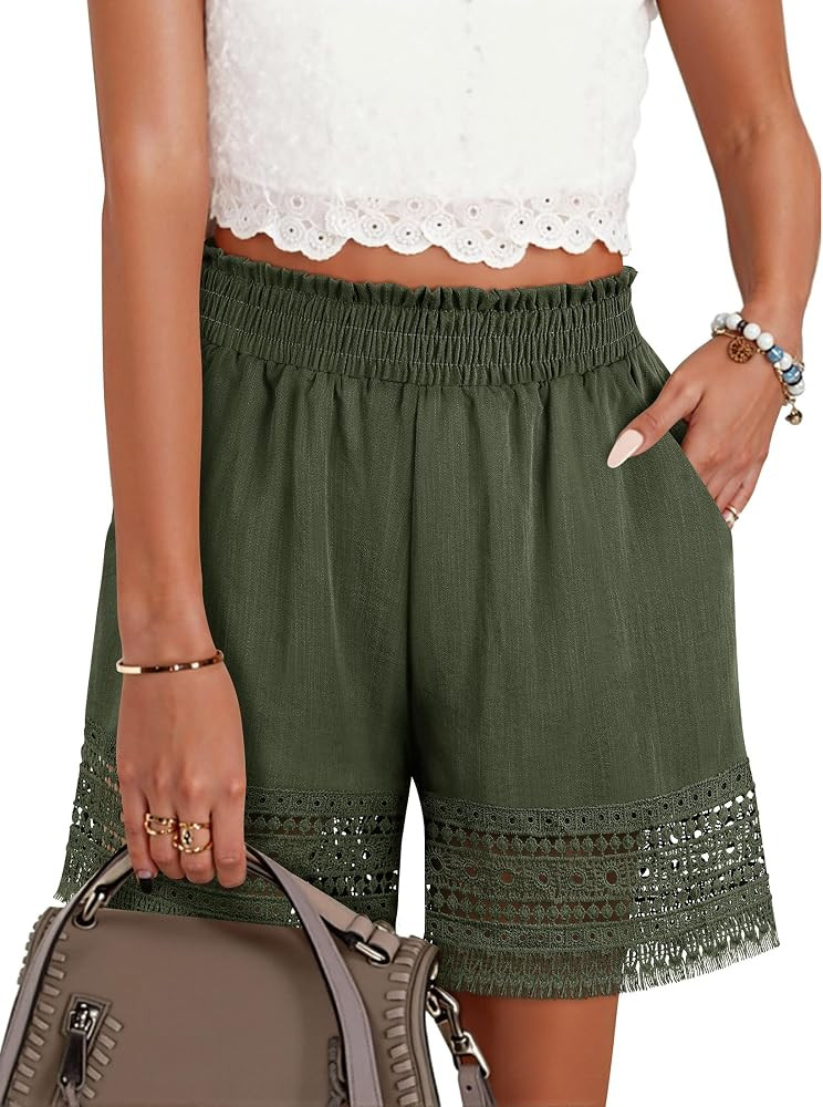 Women's Casual Elastic Waist Lounge Shorts Comfy Stretch Lace Trim Summer Beach Linen Ruffle Shorts | Amazon (US)