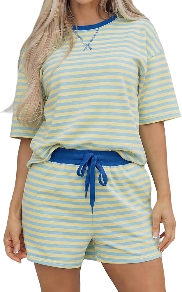 KevaMolly Womens Striped Drop Shoulder Boxy Casual Terry Short Set 2 Piece Soft Breathable Lounge... | Amazon (US)