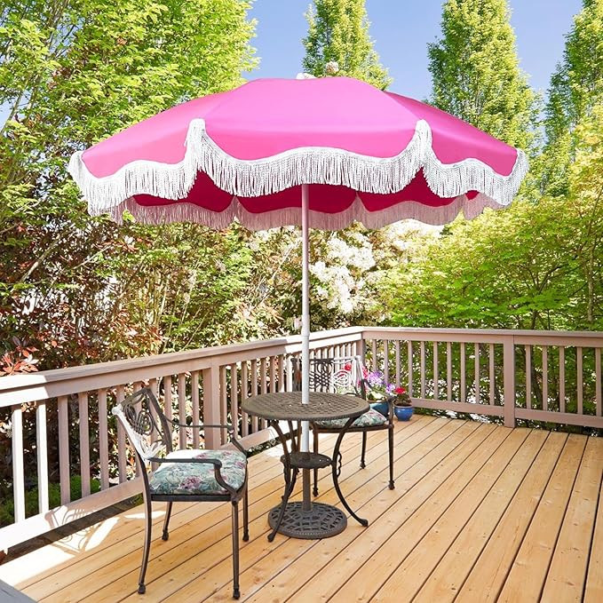 Boho Table Umbrella with Fringe Pink Patio Umbrella 6ft Tassel Beach Umbrella UPF 50+ Outdoor Umb... | Amazon (US)