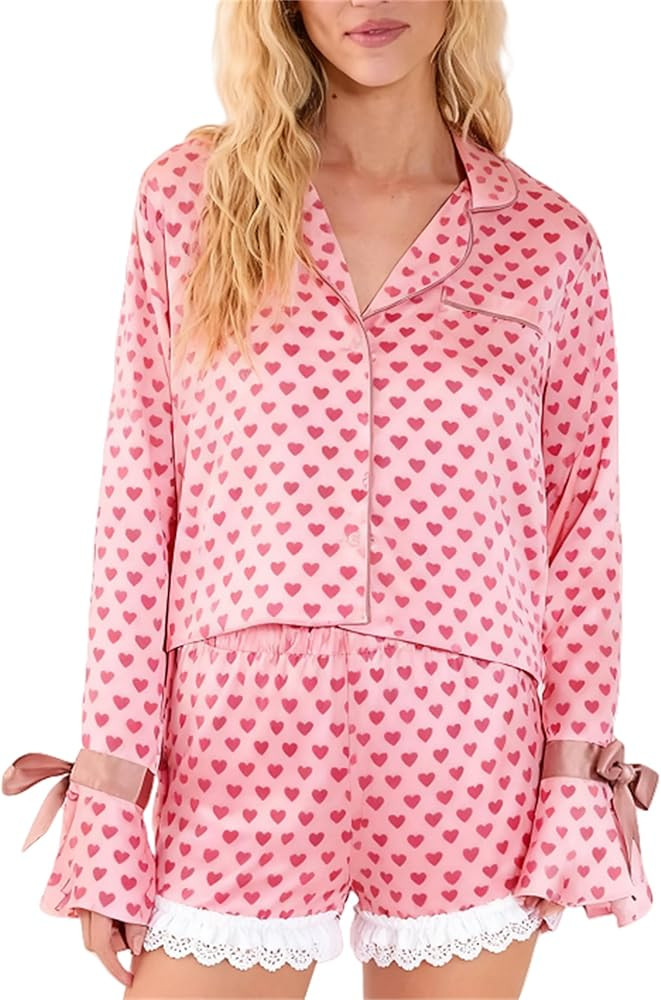 Thopavenoir Women Bow Tie Sleeve Pajamas Set for Valentine's Day Satin Silk 2 Piece Pjs Set Love ... | Amazon (US)
