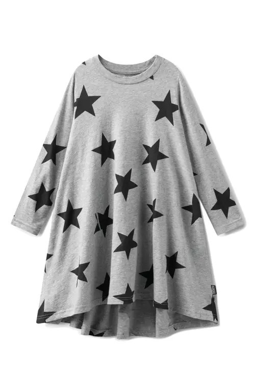 Nununu Kids' Star Print Long Sleeve Cotton Swing Dress in Heather Grey at Nordstrom, Size 3-4Y | Nordstrom