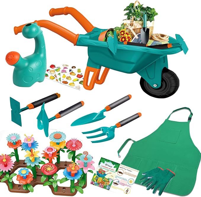 Qtioucp 16Pcs Kids Gardening Tools Outdoor Toys Set Backyard Play with Wheelbarrow, Apron, Wateri... | Amazon (US)