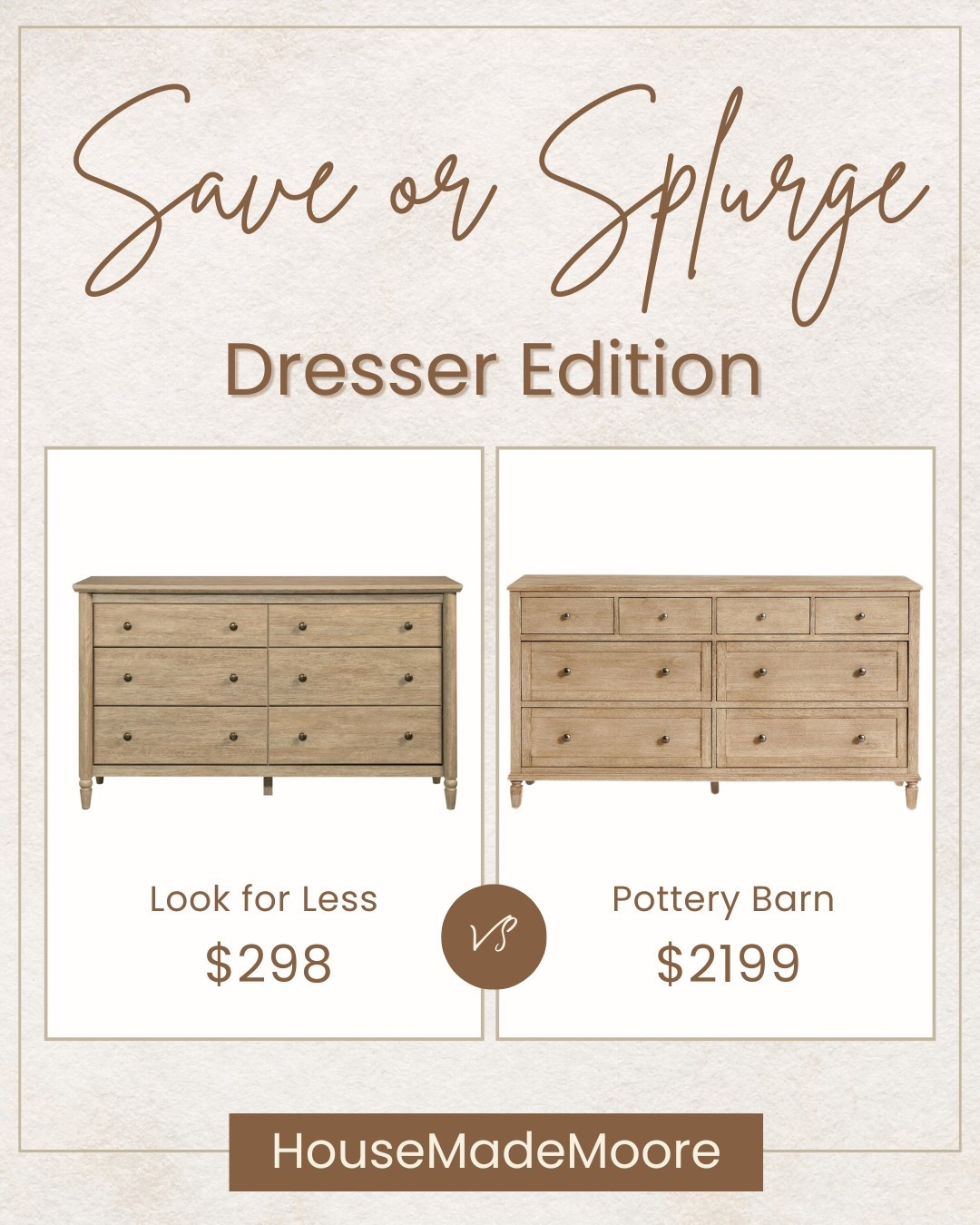 A neutral wood dresser is the kind of timeless piece that grounds a bedroom with both style and storage. These Save vs. Splurge options offer that warm, organic wood tone, classic drawer detailing, and versatile design—but with a major price difference.

Whether you’re styling a cozy primary suite, a chic guest room, or even an entryway, this piece proves you don’t have to spend thousands for an elevated, designer-inspired look.

Would you save or splurge on this one? Because functional furniture should look this good.

#LTKHome