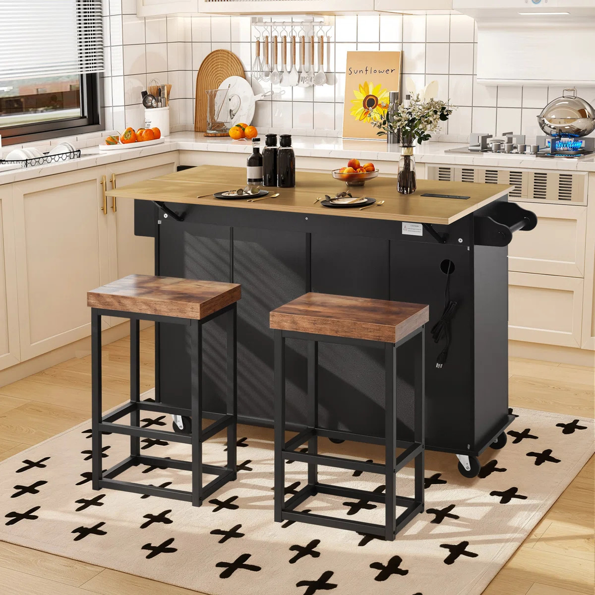 Farmhouse Kitchen Island on Wheels with Drop Leaf, 2 Stools, Storage Cabinet & Drawers, Spice Rac... | Wayfair North America