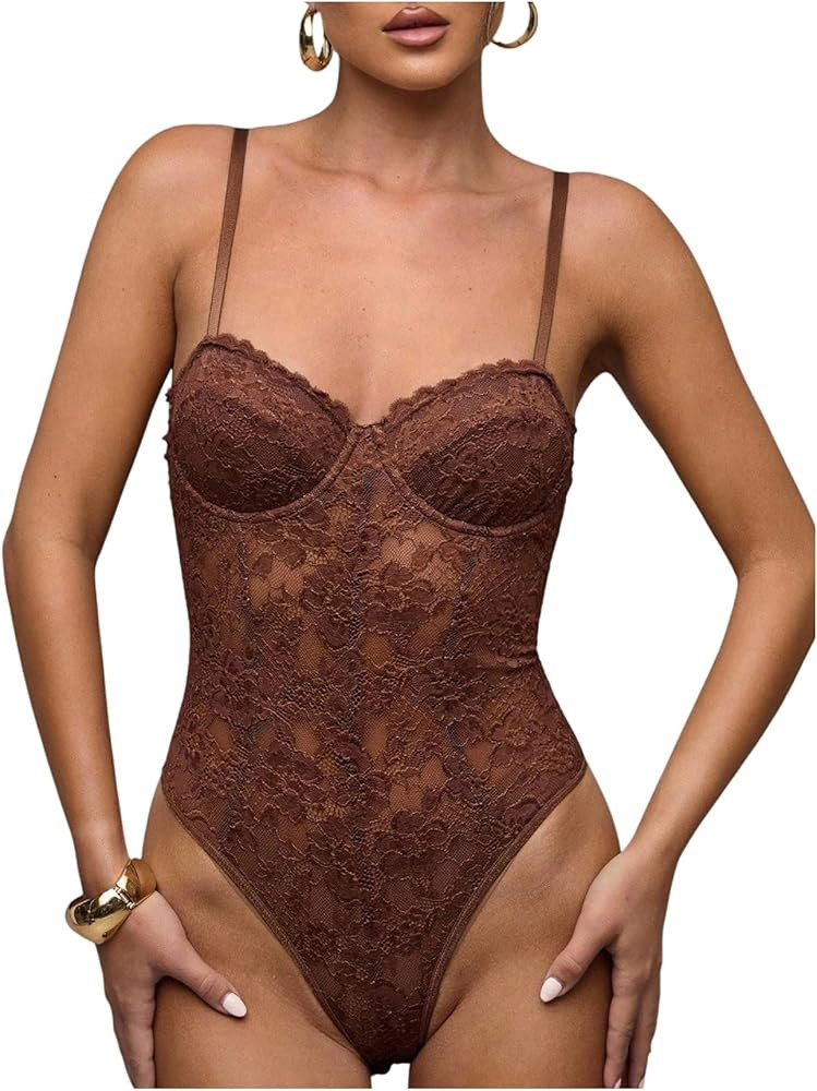 WDIRARA Women's Lace Corset Cami Bodysuit Sexy Low Cut Leotard Bustier Bodysuit | Amazon (US)