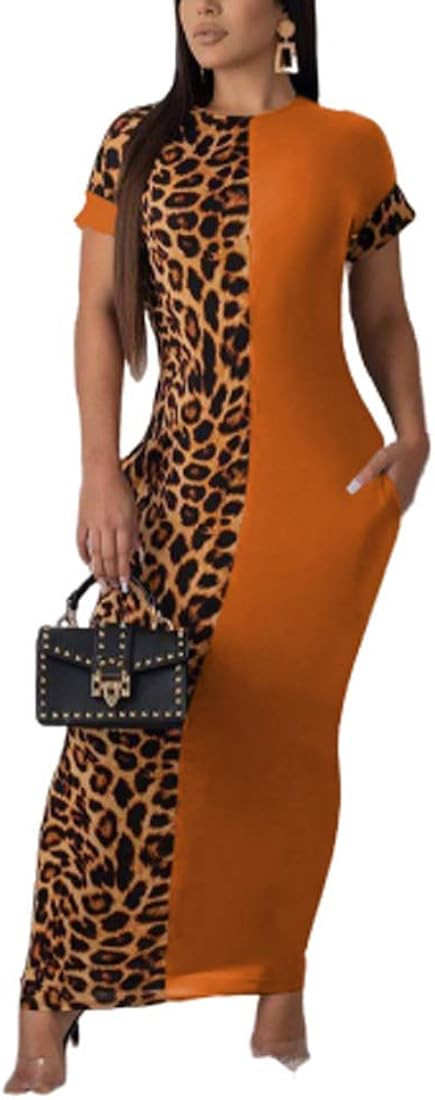 Womens Leopard Print Long Dresses - Short Sleeve Bodycon Club Midi Dress with Pockets | Amazon (US)