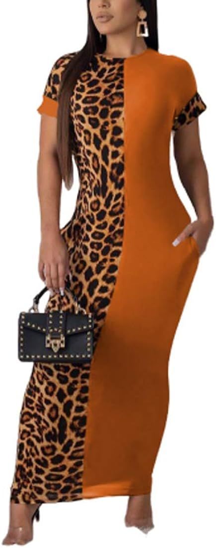 Womens Leopard Print Long Dresses - Short Sleeve Bodycon Club Midi Dress with Pockets | Amazon (US)