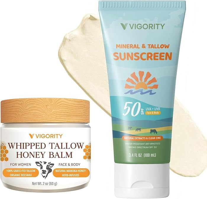 Beef Tallow Sunscreen & Nourishing Balm Duo: SPF 50 Mineral Zinc Sunblock with Grass-Fed Tallow &... | Amazon (US)