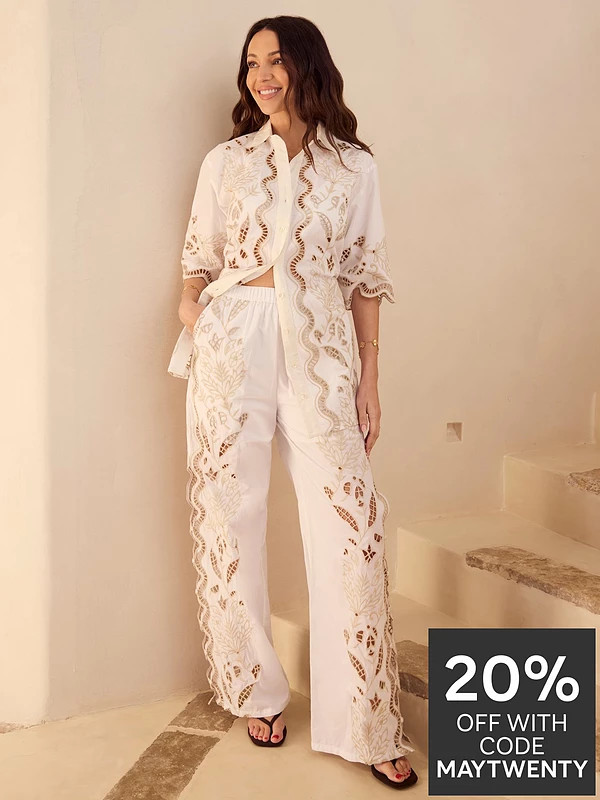 Michelle Keegan Embroidered Longline Co Ord Shirt - Ivory | Very (UK)