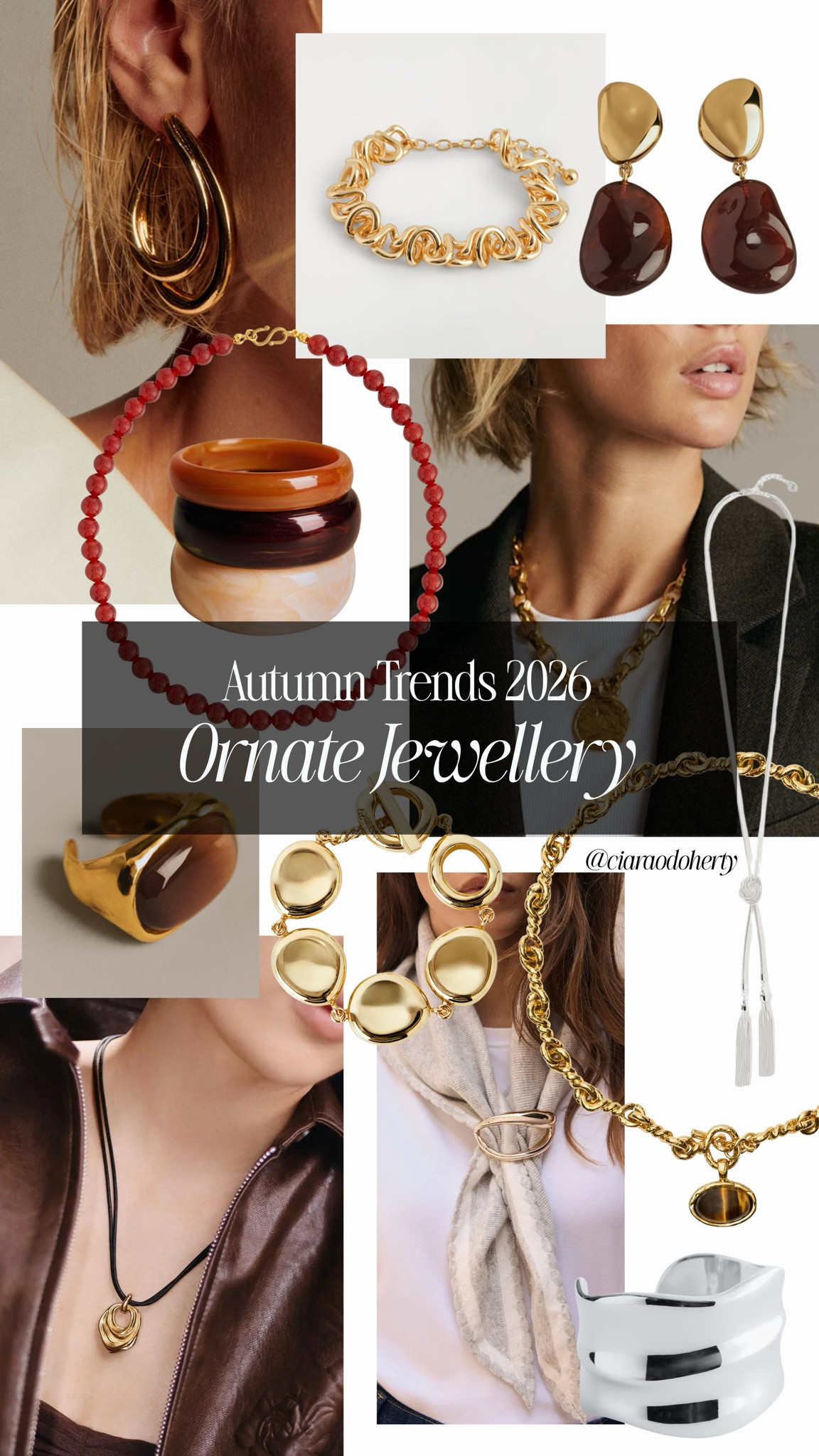 Autumn Trends 2026: Ornate Jewellery. Think statement, chunky necklaces, beads, tigers eye, burgundy stones, golden hues, silver, bangles and statement bracelets and ornate earrings

#LTKFashionMonth #LTKautumn #LTKsummer