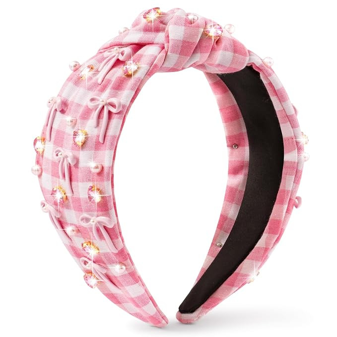 Bow Checked Knotted Headband - Coquette Pink Bow Checked Crystal Rhinestone Pearl Embellished Hea... | Amazon (US)