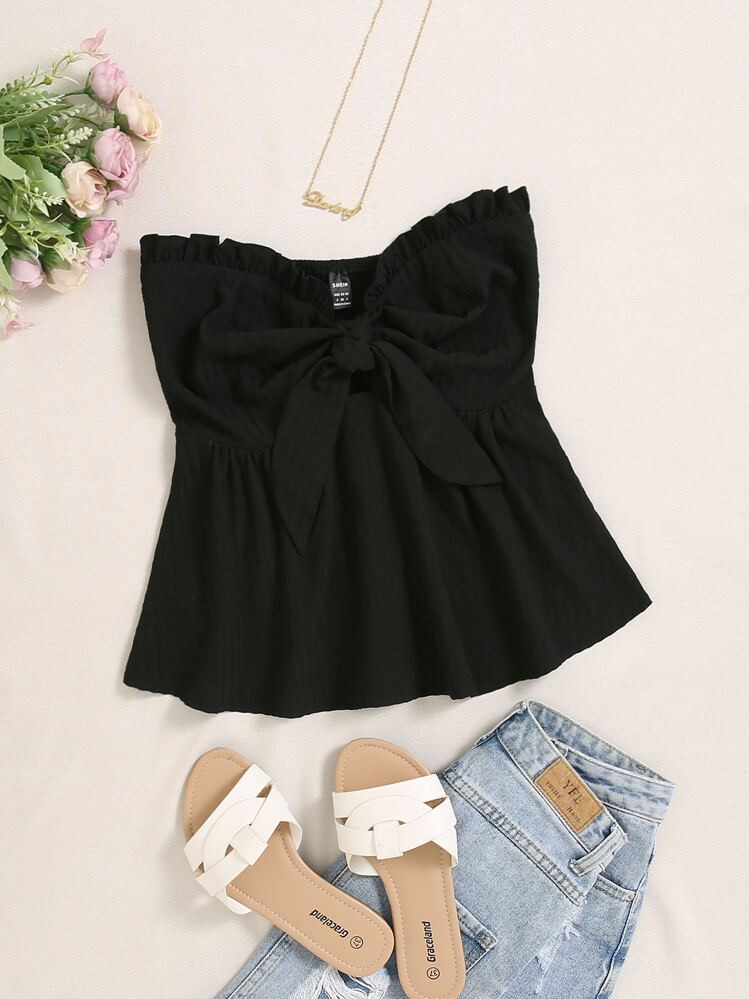 Knot Bust Frill Trim Shirred Back Tube Top | SHEIN