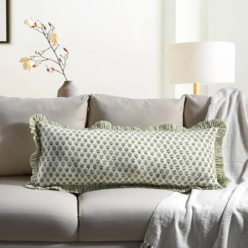 CPC Emerald Green 100% Cotton Block Print Ruffle Sham Cover 14x36 inch, Handmade Boho Floral Pillowcase, Farmhouse Cottagecore Bedding, Soft Decorative Cushion Cover for Bedroom Décor | Amazon (US)