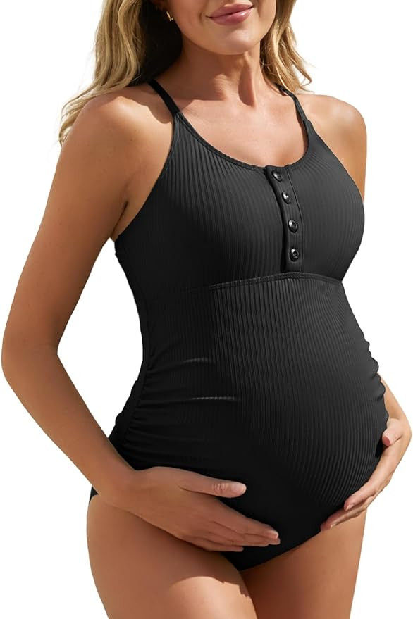 Summer Mae Maternity Swimsuit One Piece Bathing Suit Button Neck Cross Back | Amazon (US)
