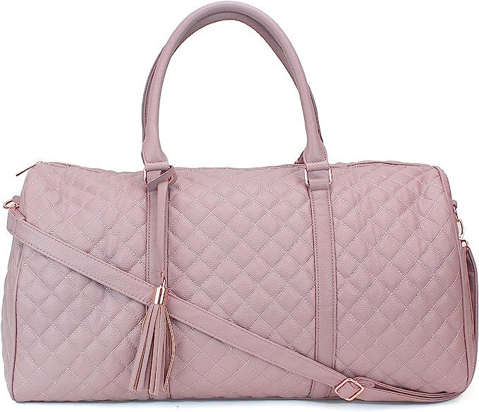 Women's Quilted Leather Weekender Travel Duffel Bag With Rose Gold Hardware - Large 22" Size - Cu... | Amazon (US)