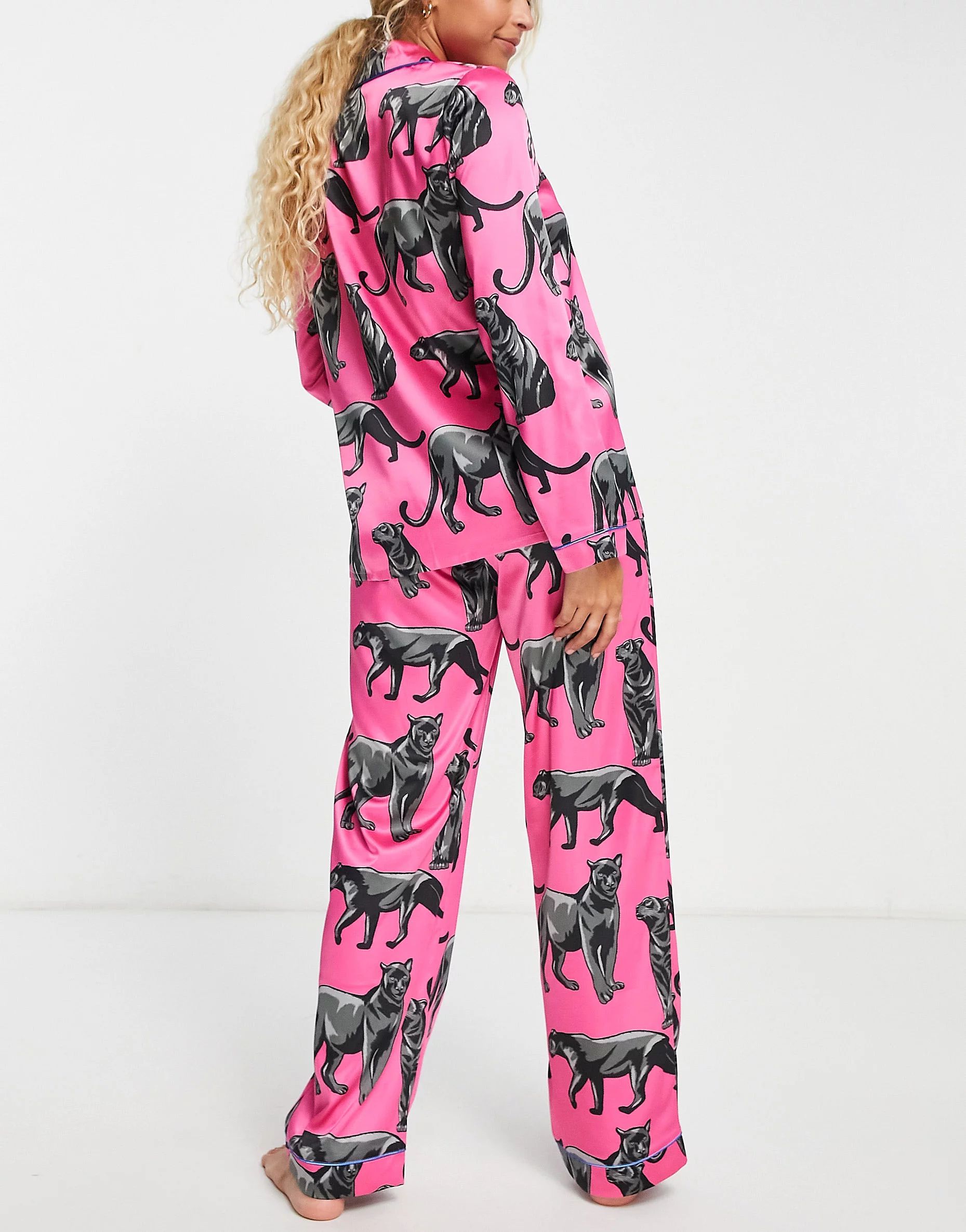 Chelsea Peers premium satin panther print button top and pants pajama set in pink | ASOS (Global)