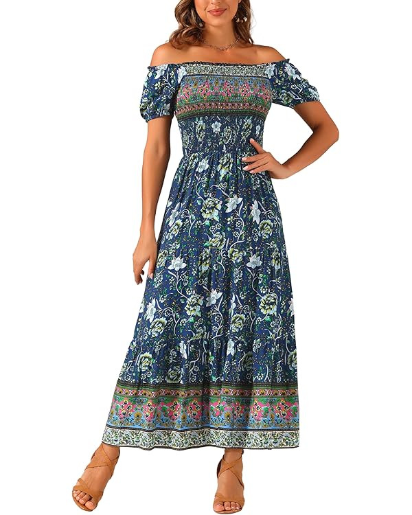 Allegra K Floral Maxi Dress for Women's Smocked Boho Off-Shoulder Casual Dress | Amazon (US)