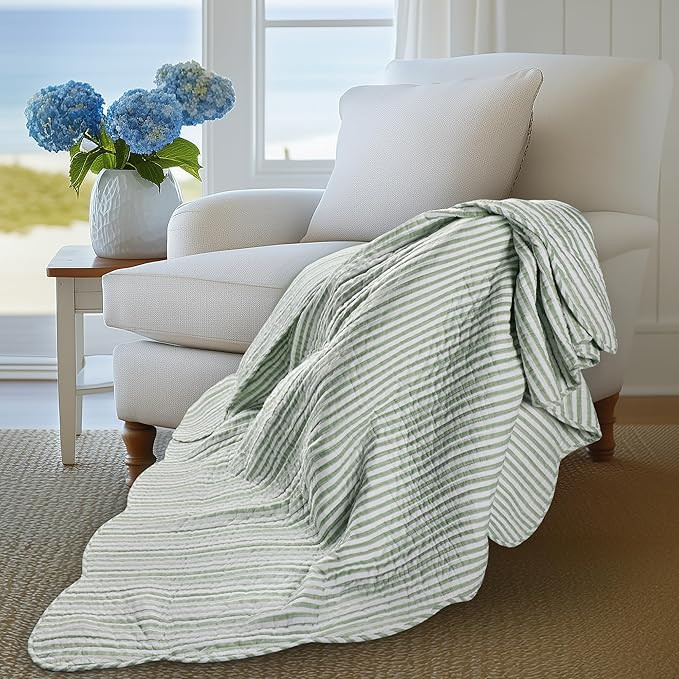 Amazon.com: Levtex Home Martha Stripe Sage Quilted Reversible Throw (50x60in) - Stripe Bedding - ... | Amazon (US)