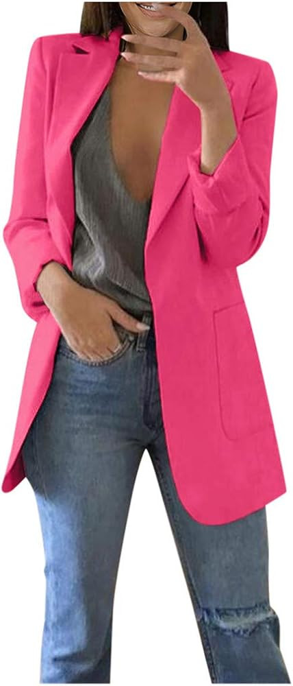Womens Casual Blazers Open Front Long Sleeve Cardigan Fall Button Collar Work Office Oversize Jac... | Amazon (US)