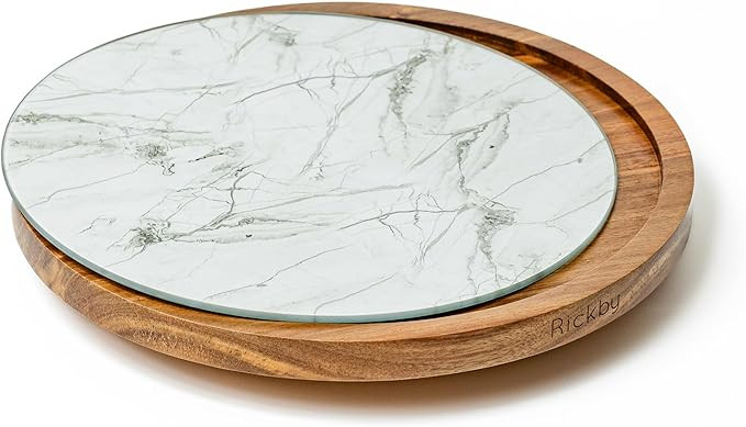 12" Acacia Wood Lazy Susan Turntable for Table Top With Removable Marble Texture Glass Plate for ... | Amazon (US)