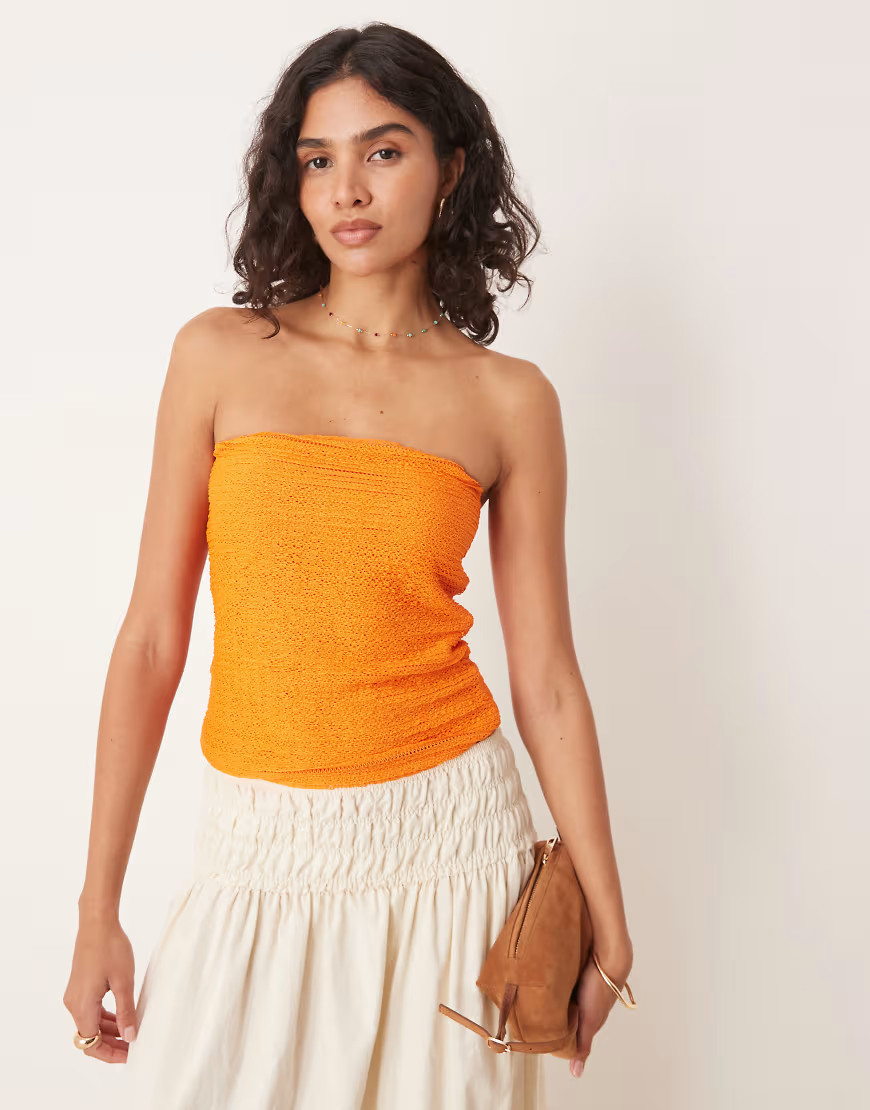 ASOS DESIGN crochet semi sheer longline bandeau top in orange-Brown | ASOS (Global)