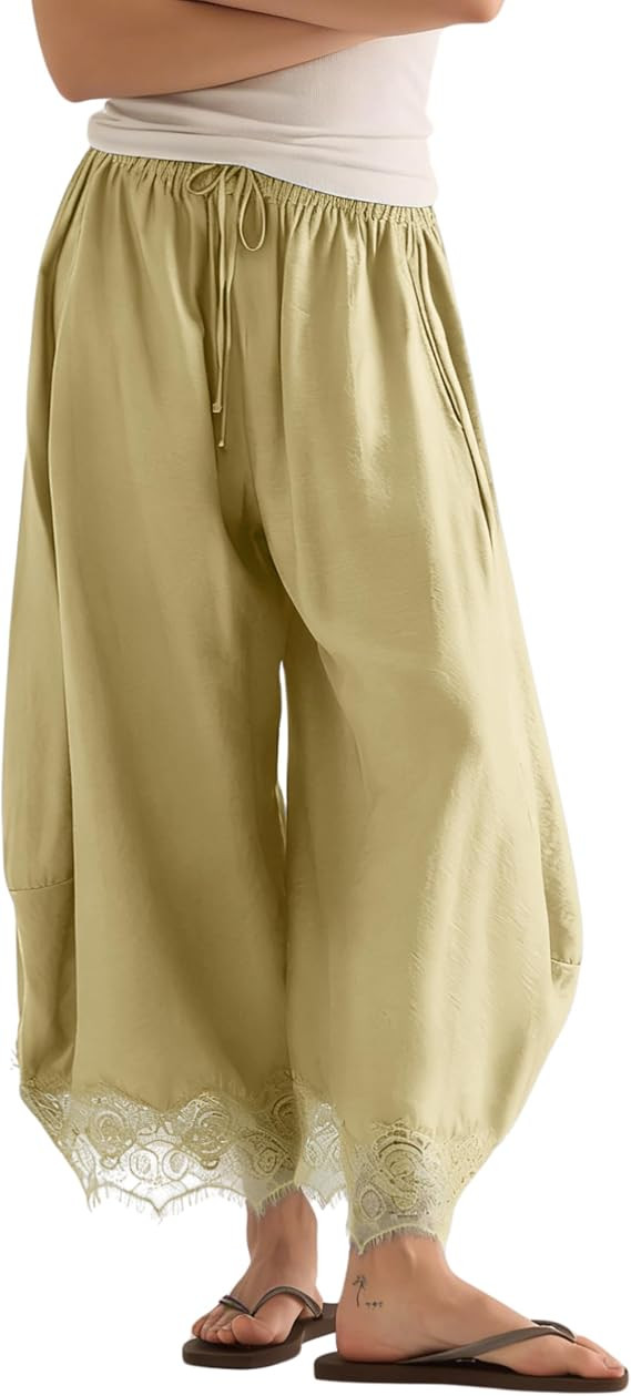 PUWEI Women's Cropped Lace-Hem Pants High Waisted Drawstring Wide Leg Pants Casual Lightweight Tr... | Amazon (US)