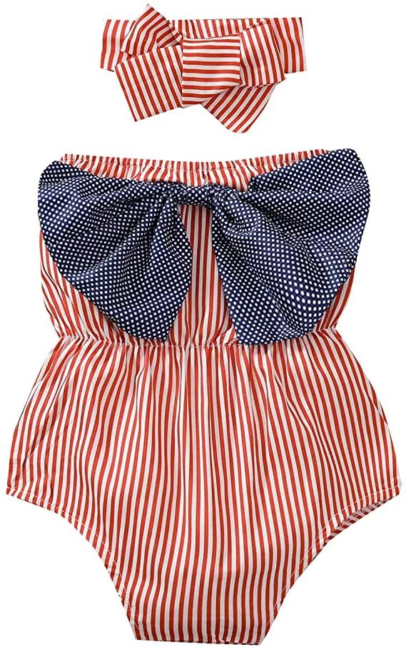 2Pcs Independence Day Outfits Set Baby Girls Striped Romper Jumpsuit Headband | Walmart (US)