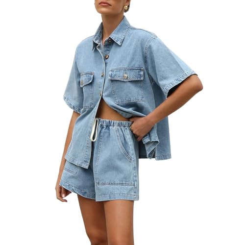 Molilove Women's Denim 2 Piece Outfits Short Sleeve Button Down Shirt Drawstring Shorts Set Casua... | Amazon (US)