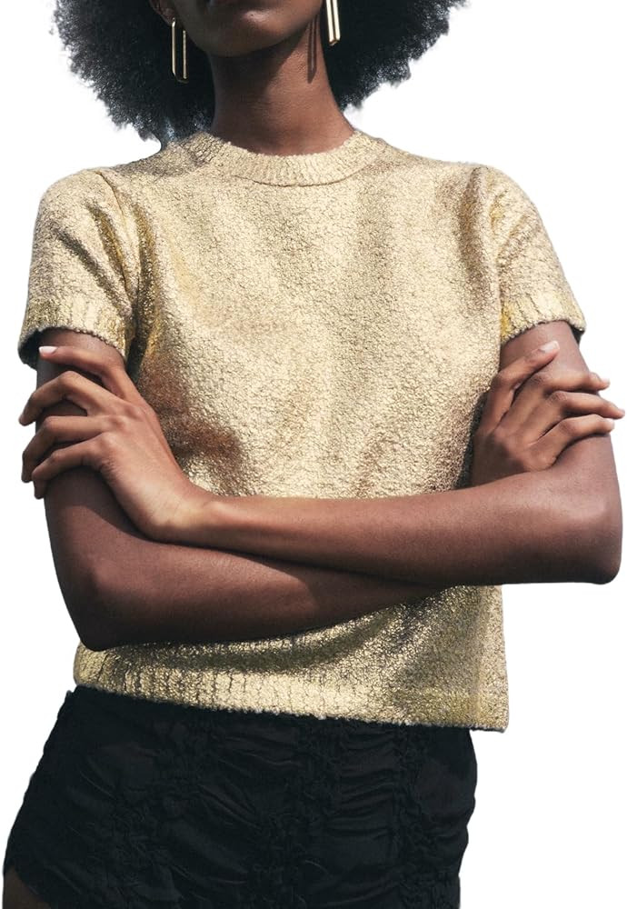 Metallic Sweaters for Women Crew Neck Casual Short Sleeves Cropped Pullover Gold Tops Knit Blouse | Amazon (US)