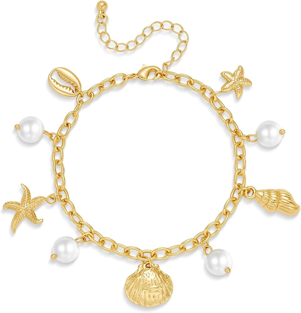 YUJIE Gold Charm Bracelet for Women 18K Gold Plated Link Bracelet With Cute Charms Boho Beach Jew... | Amazon (US)