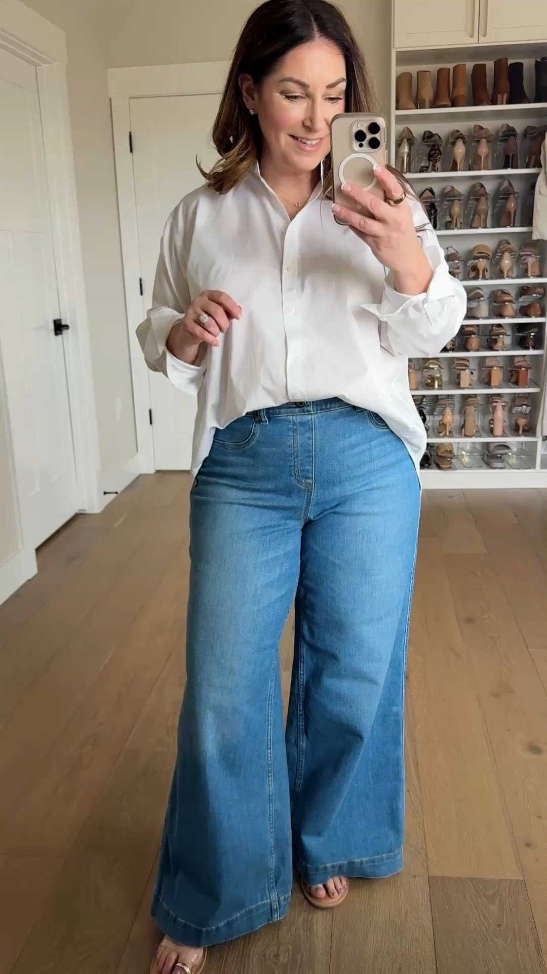 @spanx just dropped new SPANXshape™ EveryWear Jeans. These jeans have medium compression for that perfect shaping PLUS the white has nude panels so no SHOW through! I’m loving the wide leg and kick flare styles perfect for spring. Use code RYANNEXSPANX for 20% off your order plus free shipping. 

- Wearing large in tops
- Size up if in-between on jeans wearing XL (petite length in full length styles, regular length in cropped and kick flare)

#LTKOver40 #LTKSeasonal #LTKMidsize